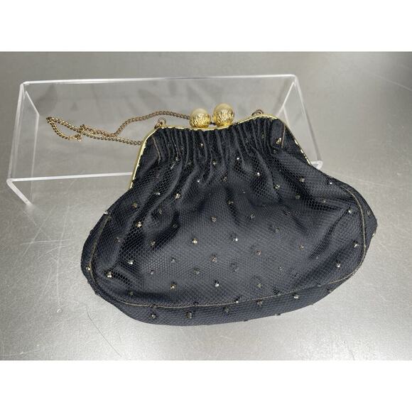 Vintage Black Sparkle Sequin & Pearl Snap Evening Bag Made In France - Picture 2 of 7
